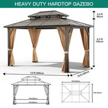 10x13 FT Permanent Aluminum Gazebo 10x12 FT Hardtop Gazebo With Double-Layer PC Roof, Sturdy Metal Pavilion Canopy, All-Weather Outdoor Sunshade Structure With Retractable Curtains For Patio, Backyard, Garden, Deck - 卡其色 - 查看 4