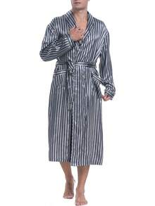 Lavenderi Mens Silky Satin Lounge Robe, Long Lightweight Sleepwear - Grey Stripe - View 6