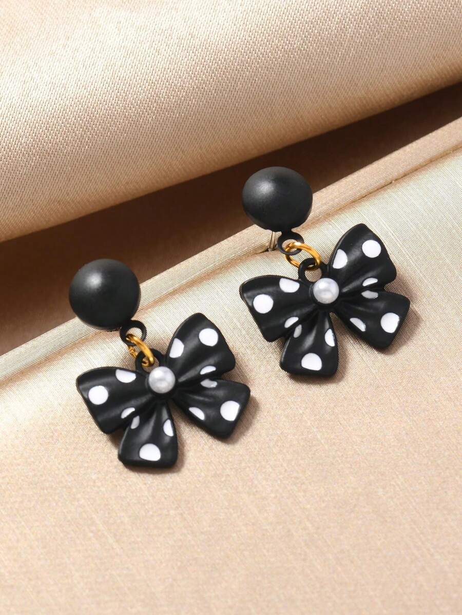 1 Pair Black & White Bowknot Earrings, Minimalist Design, Versatile, Suitable For Daily Wear, Birthday Gift