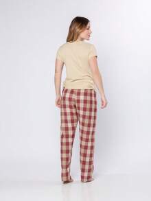 Women's Plaid Pajamas, Flannel Pants With Pocket And 100% Cotton T-Shirt - Màu be - Xem 5