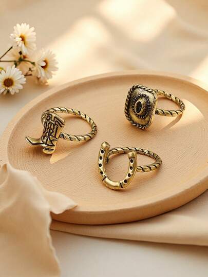Set de 3 piezas de Bota Vaquera, Sombrero y Anillo, de material de metal dorado vintage, apto para uso diario de hombres y mujeres, regalo para ocasiones festivas