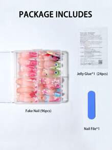 96 件（4 种混合）长方形 3D 凝胶指甲制作芙蓉花指甲蜜蜂和蝴蝶图案设计法式亚克力按压指甲长珍珠装饰完美贴合假指甲套装，包括：1 件果冻胶和 1 件指甲锉，易于佩戴夏季指甲和法式尖头指甲艺术，适合女性和女孩日常佩戴和派对使用指甲用品指甲