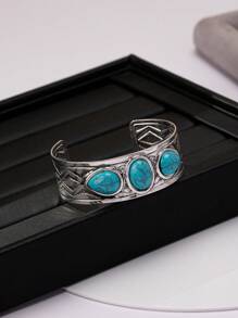 1pc Vintage Silver Plated Blue Stone Bangle Bracelet, Fashionable & Elegant, Suitable For Parties, Banquets And Daily Wear