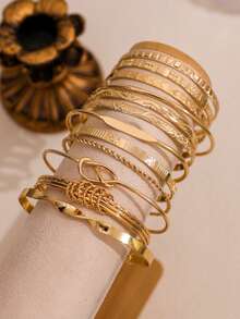 12件套时尚欧美风手链套装，包含箭头、花卉、夸张六芒星图案，扭结可调节多层腕带，珠宝礼品 - 金黃色 - 查看 2