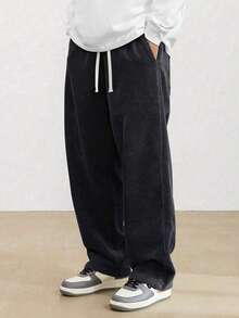 男士春秋灯芯绒直筒休闲裤，舒适简约百搭运动长裤 - 黑色 - 查看 1