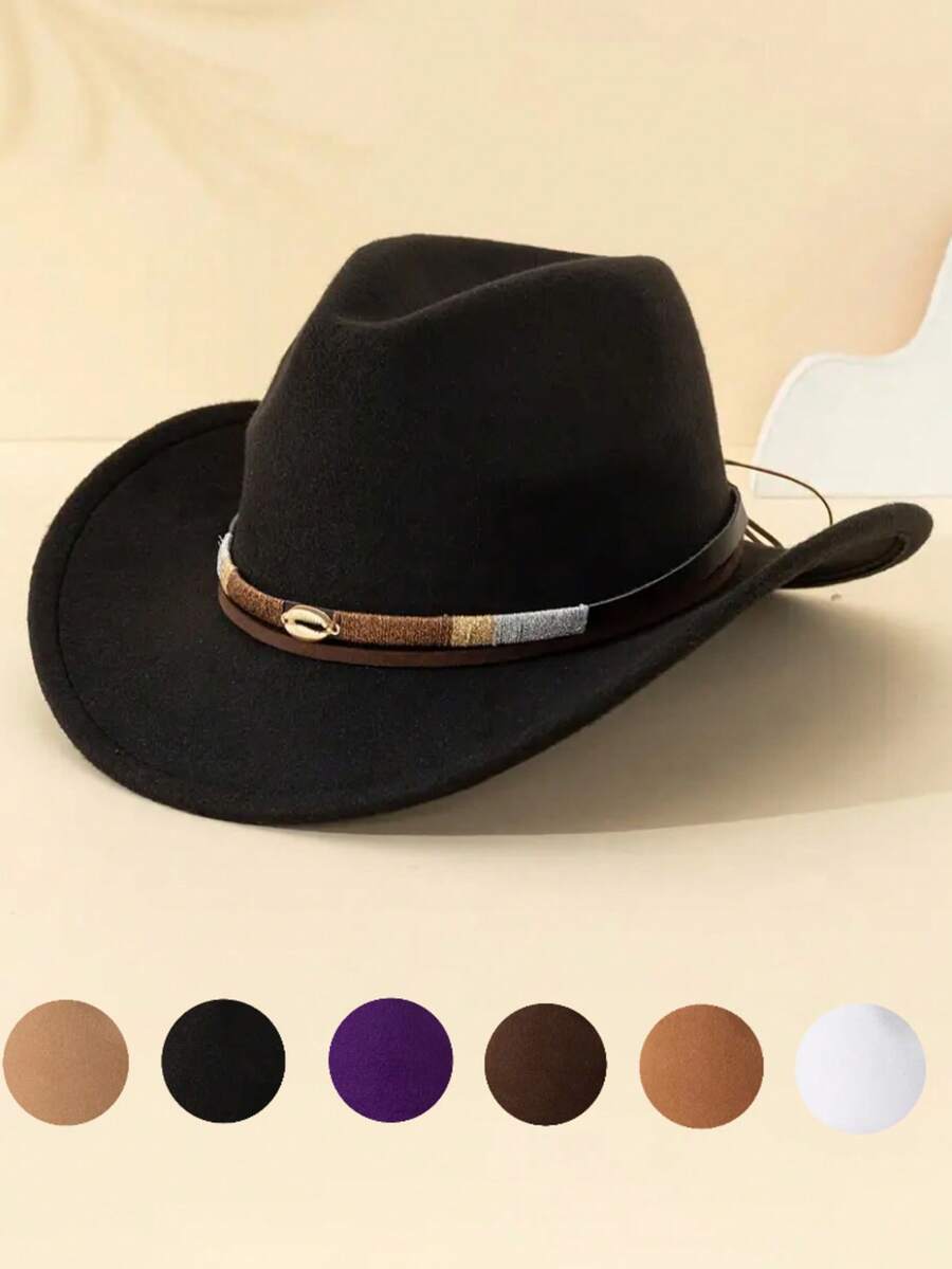 Ce chapeau de cowboy occidental unisexe en polyester a un style rétro et une décoration. Il convient pour le port décontracté, les fêtes de cowboy occidental et les chapeaux de cowboy. - Chapeau de cowboy à ruban - Voir 1