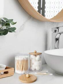 3M 1/2/3/4pcs Bamboo Lid Dispenser Holders, Fits Cleaning Sticks, Round Pads, Floss - 10oz Clear Plastic Jars, Ideal For Bathroom Organization, Vanity Cosmetics Storage