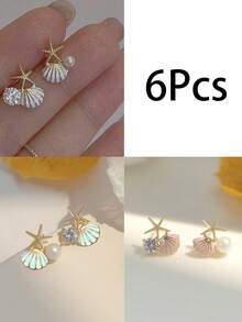 1/3 对（左右）海滩派对海星和贝壳装饰耳钉，多元素耳环，带贝壳、海星、水钻和珍珠，甜美优雅的设计，是送给女性夏日海滩约会的完美礼物 - 彩色 - 查看 11