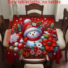 1pc Polyester Christmas Snowman & Floral Tablecloth, Holiday Party Dining Table Cloth, Festive Red Background Cloth For Outdoor Party, Picnic, Dinner, Ideal For Home And Restaurant Decor