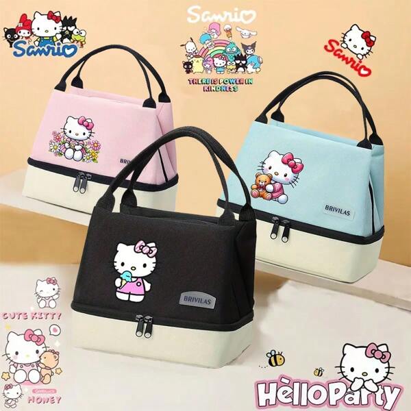 Sanrio 1pc Sanrio Hello Kitty Waterproof Nylon Insulated Lunch Bag With Black Zipper-Portable, Roomy, And Perfect For Travel, Picnics, And Back-To-School. Keeps Food Separated And Fresh On Any Outdoor Adventure.