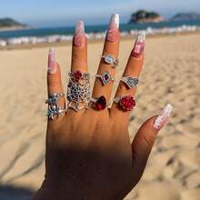 Halloween-Border Dark Style Skull Vintage Ring Punk Style Spider Snake Animal Ring Set RSJS - 27057-bạc - Xem 10