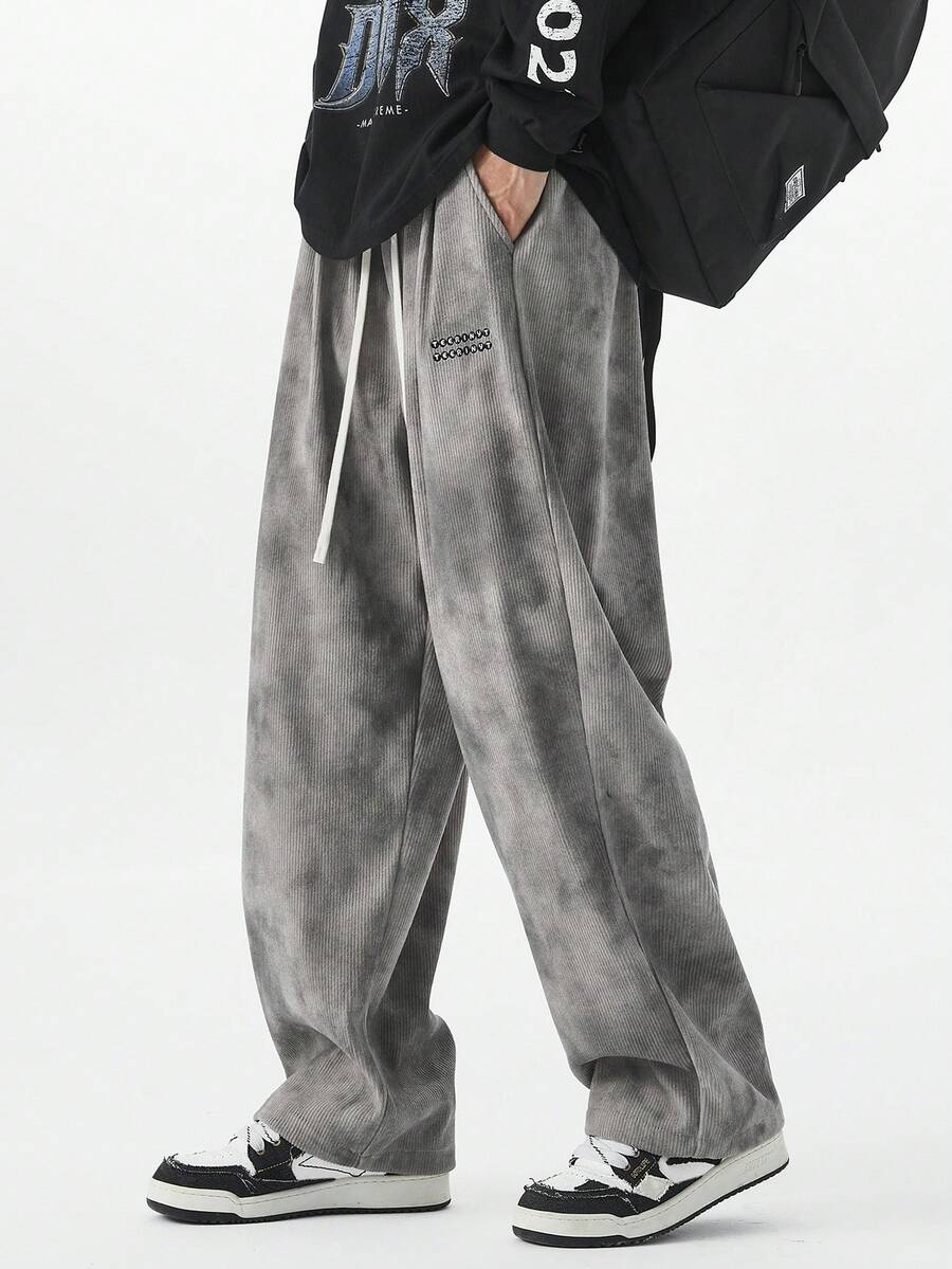 Plus Size Corduroy Casual Pants, Embroidered Straight-Leg Casual Trousers, Suitable For Autumn/Winter, For Fall - Grey - View 1