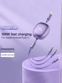 3-In-1 100W Fast Charging Charger Cable &Retractable One Tow Three Cable, Durable Tpe Charging Data Line Compatible With Iphone And Compatible With Samsung Series, High Efficiency Charge Cable