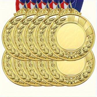 10pcs Customizable Gold Blank Medals With Blue And Red Ribbons - Personalized Winner Awards For Sports, Outdoor Activities, Sports Trophies, Elegant Design, Durable Metal, Sports Award Set, Outdoor Event Decor, Classic Medal Design, Polished Surface