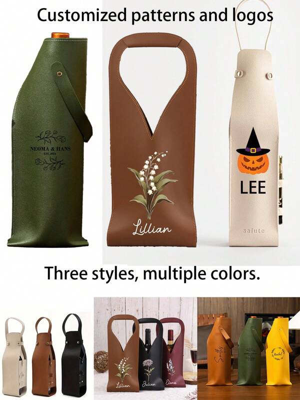 Bolsa de vino, bolso de vino personalizado, Halloween, decoraciones de Halloween calabazas, brujas, fantasmas, esqueleto, fiestas temáticas, bolsa de vino de cuero grabada, regalos para amantes del vino, regalos corporativos, bolsa de almacenamiento de vino de cuero de alta gama personalizada