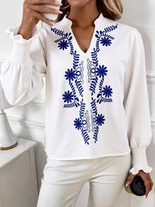 LINA Camisa Lino Algodon Liso Casual Blusa Estampado Floral Cuello V manga larga - Blanco - Ver 1