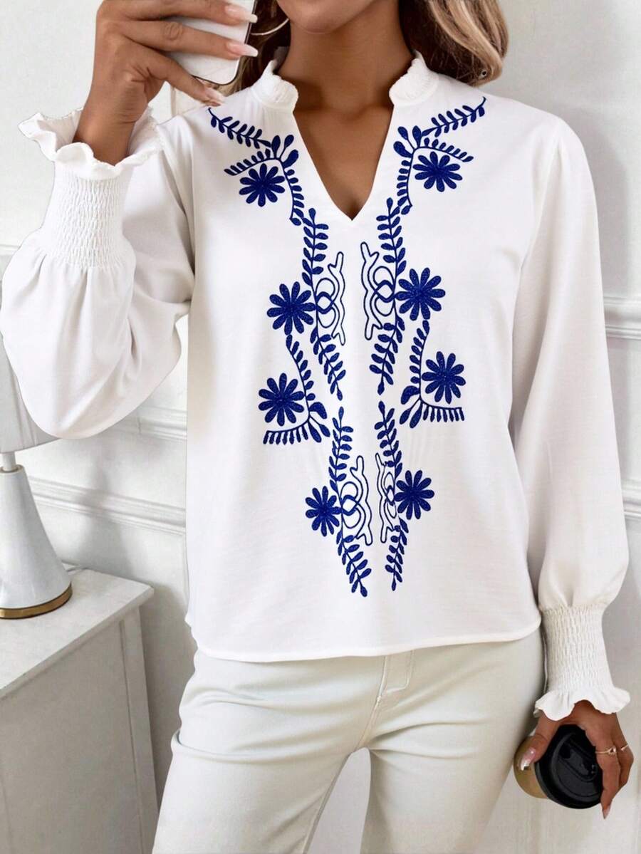 LINA Camisa Lino Algodon Liso Casual Blusa Estampado Floral Cuello V manga larga - Blanco - Ver 1
