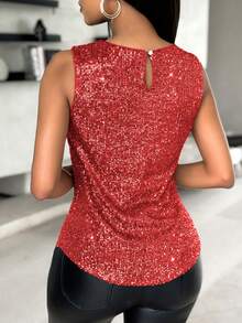 ChicMe Women's Shiny Sequin Sleeveless Round Neck Casual Fashionable Blouse - Red - View 2