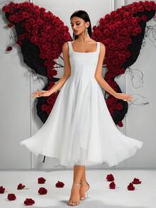 ADYCE Vestido Midi Elegante de Festa com Decote Quadrado, Cintura Alta, Recortes em Branco Puro, Costas Abertas, para Festa de Formatura, Aniversário, Festa à Noite, Festa de Boas-Vindas, Casamento, Coquetel, Família e Festival