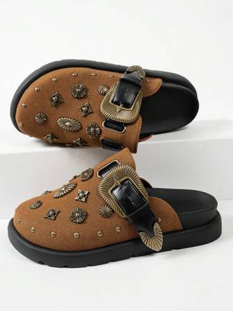 Women's Fashion Riveted Personalized Black Wedge & Platform Loafers(Suggested To Take A Larger Size),Mule Shoes