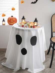 1pc Halloween Party Tablecloth, Solid Color Spooky Ghost Creative Coffee Table Cloth, Cute Ghost Face Dining Table Decor Suitable For Holiday Gatherings, Party Atmosphere Decoration, Essential For Halloween - White - View 1