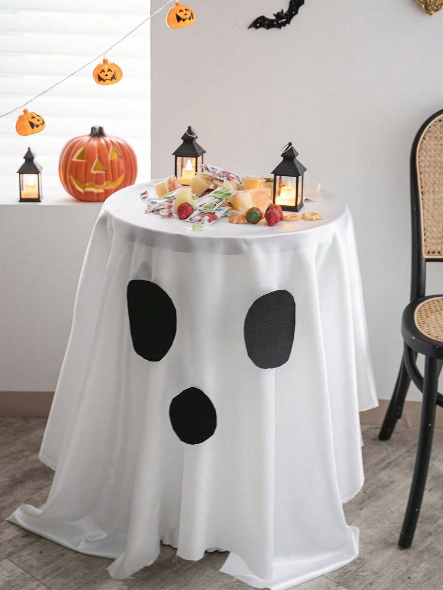 1pc Halloween Party Tablecloth, Solid Color Spooky Ghost Creative Coffee Table Cloth, Cute Ghost Face Dining Table Decor Suitable For Holiday Gatherings, Party Atmosphere Decoration, Essential For Halloween - White - View 1