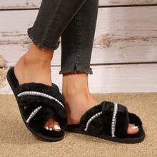 Women's Fluffy Criss-Cross Lined Slippers, Fluffy House Slippers, Warm Bedroom Slippers For Autumn/Winter - Black - View 4