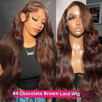 CUEKI Chocolate Brown Lace Front Wig 60% Human Hair Pre Plucked Body Wave 4# Brown Lace Front Wigs Fiber Mix Human Hair Colored Chocolate Brown Blended Human Hair Wig 13x4 Chestnut Brown Frontal Wig 180% Density(Bob Wig 8inch)