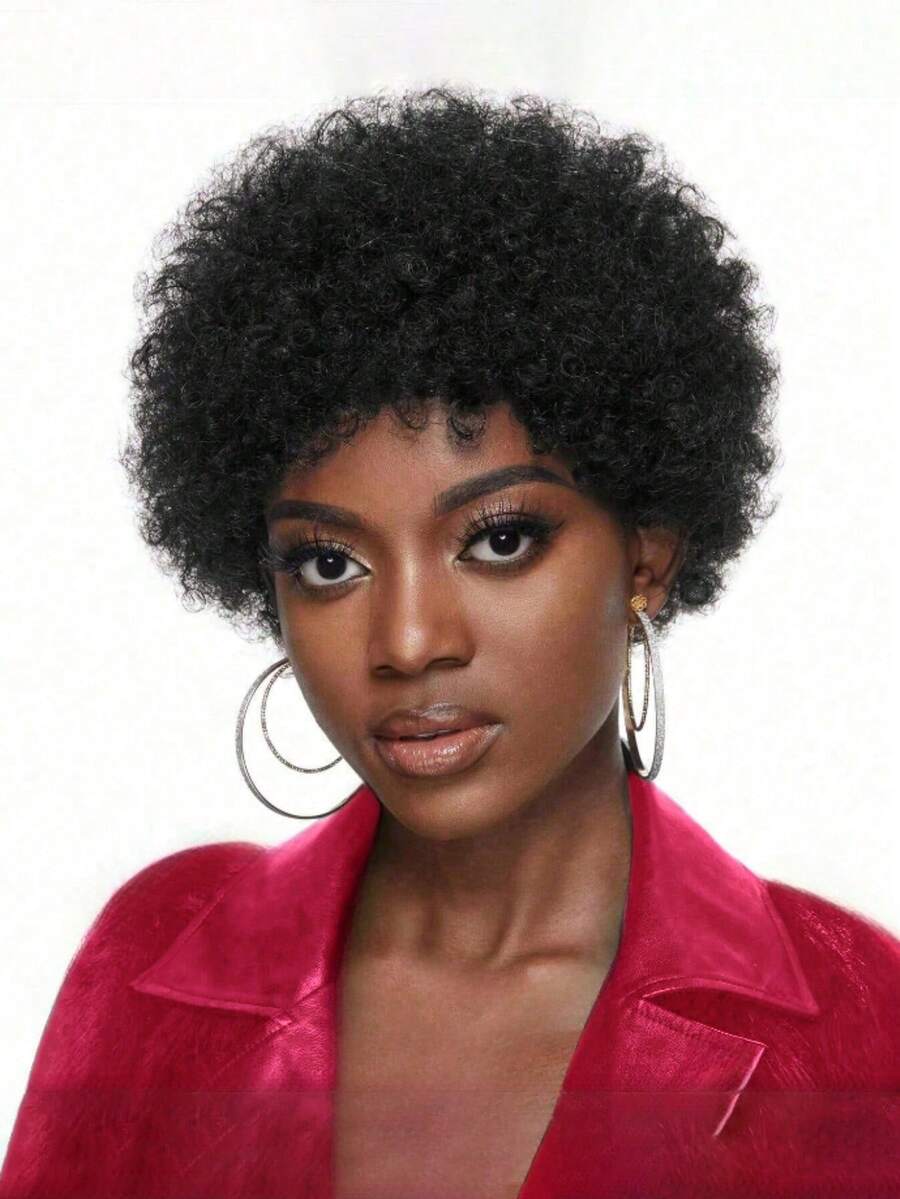 Afro Kinky Curly Pixie Cut Bangs Wig Natural Black Human Hair Short Wig Full Machine Made Wig Natural Looking Replacement Wig - SNatural - View 1