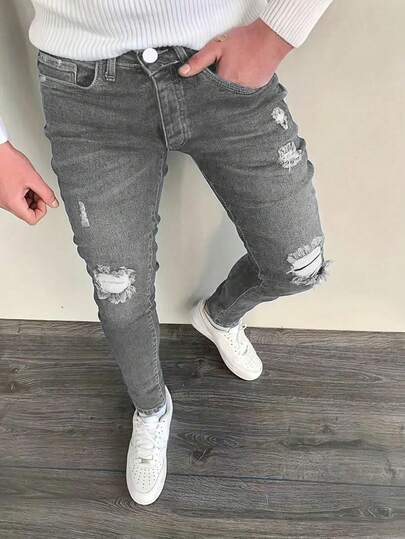 男士美国品牌口袋破洞紧身牛仔裤