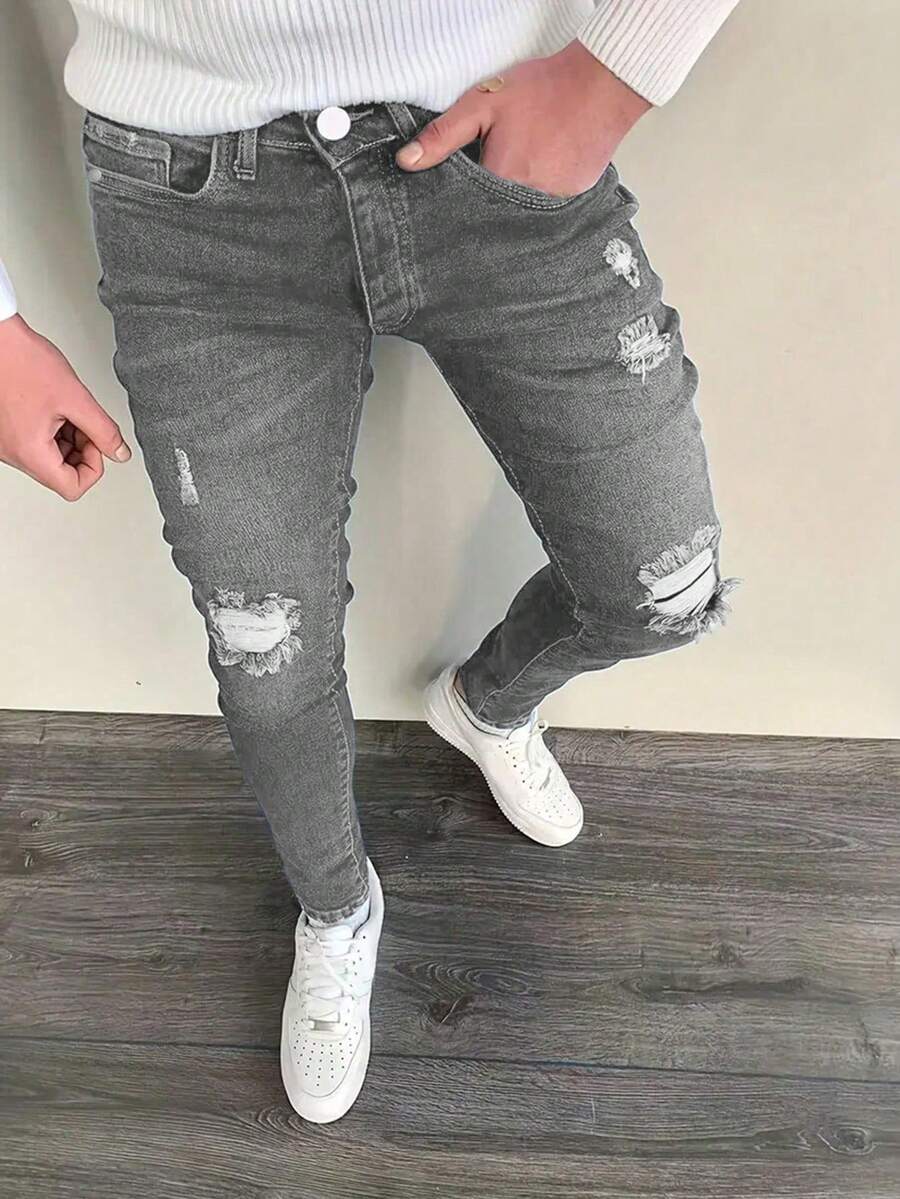男士美国品牌口袋破洞紧身牛仔裤 - 灰色 - 查看 1