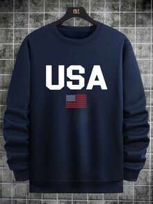 US Flag Pattern Men's Basic Sweatshirt, Casual Street Style For Spring And Autumn - Navy Blue - View 4