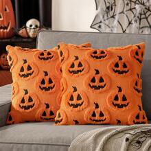 1/2 Fundas de almohada con diseño de cabeza de calabaza de Halloween, funda de cojín con cara de calabaza aterradora de un solo lado, decoración de moda para dormitorio, sofá y sala de estar, sin relleno de almohada