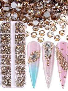 1盒12格3D美甲水钻套装，美甲宝石，水晶透明平底水钻，带收纳盒，6种尺寸（1.5-3.9毫米），适用于美甲工艺和美甲用品 - 彩色 - 查看 6