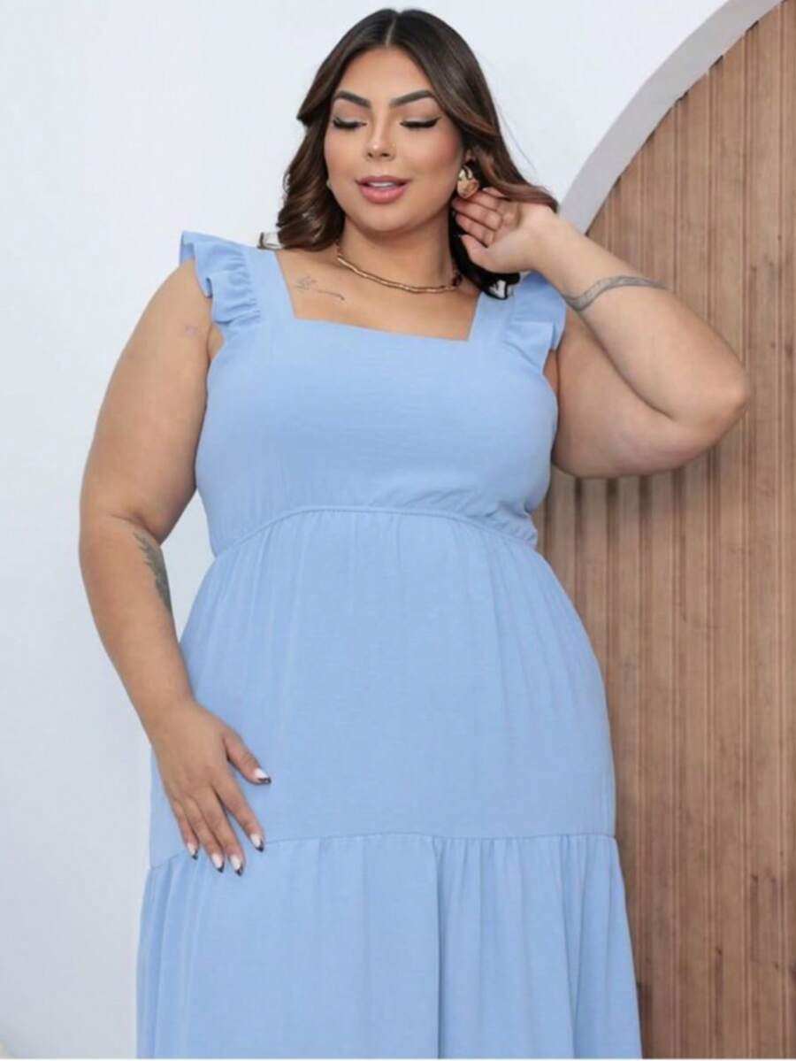 Long Plus Size Dress, With Straps, Three Marias Ruffle, Latex On The Back, Women's Fashion, Elegance, Versatile, In Duna Fabric. - 淺藍色 - 查看 1