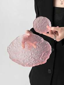 1pc Asymmetrical Glass Glacier Tray, High-End Icy Plate, Home Kitchen Dessert Fruit Cake Snack Tray, Jewelry Storage Dish - Pink - View 6