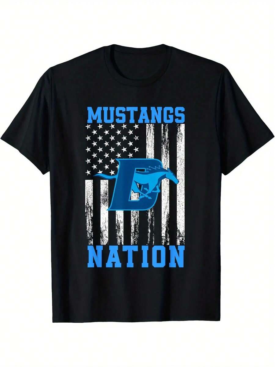 Men's "Mustangs Nation" Graphic T-Shirt - Blue And White American Flag Design With Horse Silhouette, Casual Crew Neck, Short Sleeve, Regular Fit, All Season Clothing, Casual Tee | Patriotic Graphic Tee | Relaxed Fit Tee - 黑色 - 查看 1