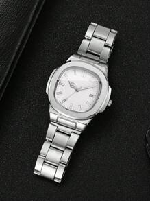 1 件男士时尚简约方形表盘日历不锈钢石英商务腕表，不含表盒