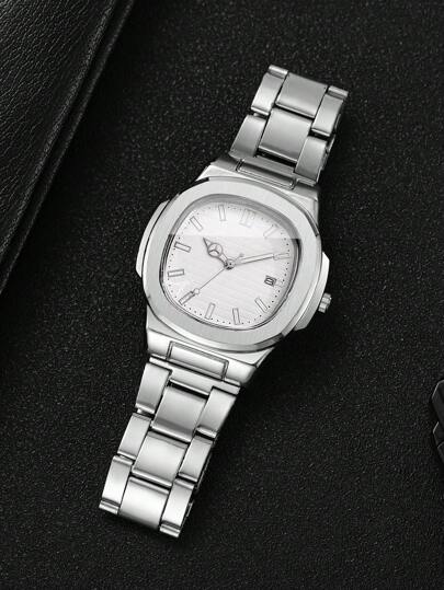 1pc Square Dial Calendar Stainless Steel Quartz Business Wrist Watch, No Horloge Box Included view 10