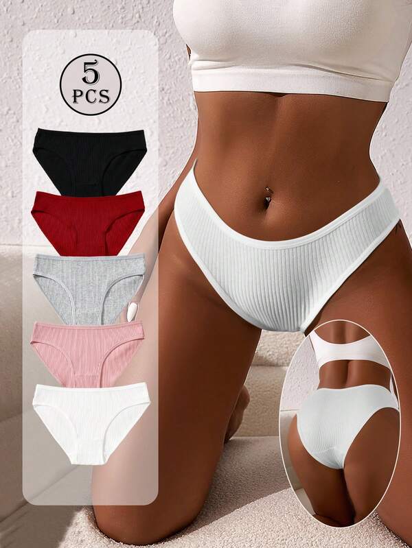 5pcs Briefs Panties Ribbed Knickers Women's High Elastic Underpants Panty Solid Color Underwear Letter Design Lingerie Low-Waist