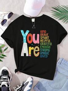 Girls & Teenagers Students Casual Printed Black Crew Neck Short Sleeve T-Shirt Top, Summer - màu đen - Xem 1