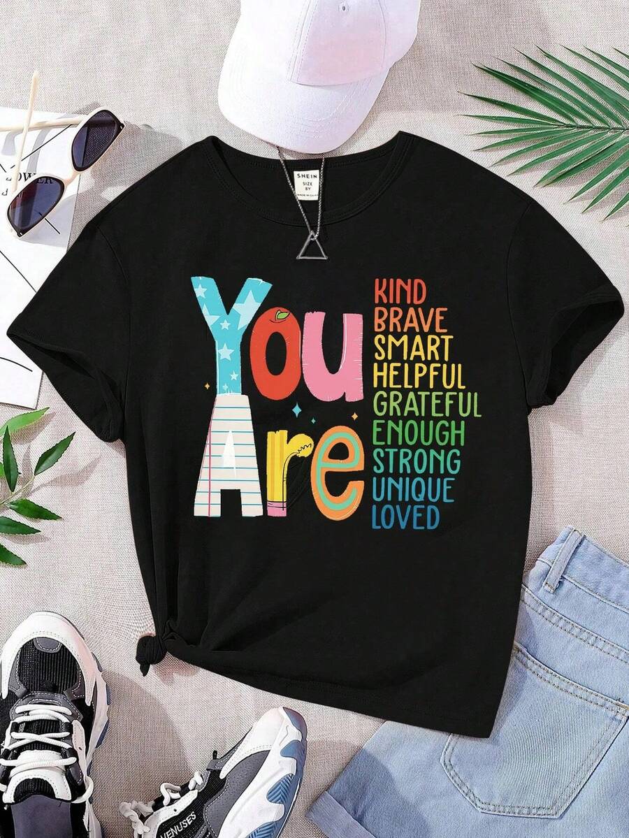Girls & Teenagers Students Casual Printed Black Crew Neck Short Sleeve T-Shirt Top, Summer - màu đen - Xem 1