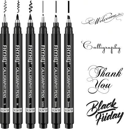 6-Size Calligraphy Pen Set Writing, Drawing & Hand Lettering, Black Ink Brush Markers Art, Calligraphy, And Sketching
