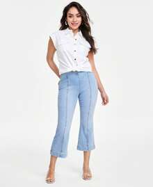 Petite Pull-On Cropped Flare Jeans - Blue - View 1
