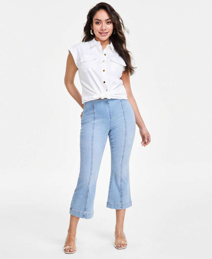 Petite Pull-On Cropped Flare Jeans - Blue - View 1
