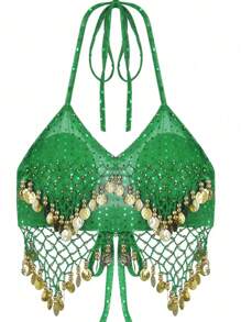 Women Halter Bra Tops Sequin Beads Tassel Lace-Up Belly Dance Crop Top Boho Festival Bellydance Performance Costume Dancewear - Multicolor - View 15