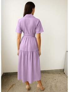 Linen Midi Dress With Lining, Buttons And Structured Collar - Lilac Purple - View 2