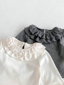 3pcs Baby Girl Sweet Peter Pan Collar Undershirt, Ditsy Floral Vest, Ruffle Pants Set, Autumn