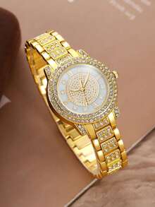 6pcs/Set Fashion Women Watch Elegant Luxury Roman Numeral Dial Alloy Rhinestone Bracelet Jewelry Set Gift For Mom And Girlfriend - Gold - View 3