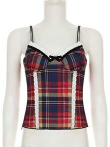 Colorful Plaid Lace Camisoles For Girls Casual Sweet Streetwear Spaghetti Strap Slim Fit Tank Tops Spring Summer Y2K Vests 2000s